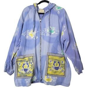 Vintage 90s Asian Creations XL Cotton Blue Lagenlook Full Zip Jacket Cotton Art